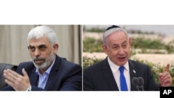 In this combination image, Hamas' leader in Gaza, Yahya Sinwar, speaks on April 13, 2022, in Gaza City, left, and Israeli Prime Minister Benjamin Netanyahu speaks on June 18, 2024, in Tel Aviv. 