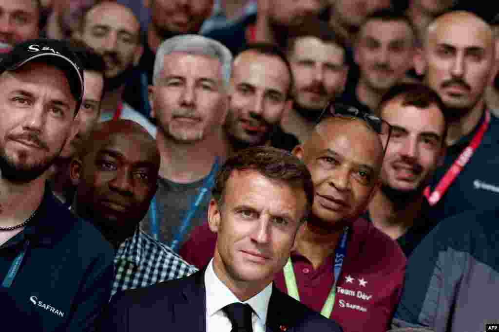 French President Emmanuel Macron visits the Safran Aircraft Engine site in Villaroche, near Paris.