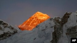 FILE - In this Nov. 12, 2015, file photo, Mt. Everest is seen from the way to Kalapatthar in Nepal.