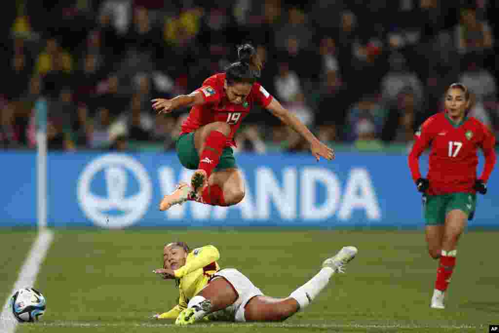 Morocco&#39;s Hanane Ait El Haj, right, watches as Colombia&#39;s Manuela Vanegas, down, challenges Morocco&#39;s Sakina Ouzraoui during the Women&#39;s World Cup Group H soccer match between Morocco and Colombia in Perth, Australia.&nbsp;