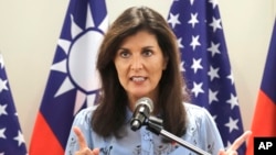 Nikki Haley, former United States ambassador to the United Nations, speaks to the media during her news conference before leaving Taipei, Taiwan, Aug. 24, 2024.