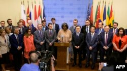 U.S. Ambassador to the U.N. Linda Thomas-Greenfield speaks to journalists after a Security Council meeting to discuss the situation in North Korea, at U.N. headquarters in New York, Aug. 17, 2023.