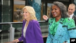U.S. first lady Jill Biden, left, with Namibian first lady, Monica Geingos at the State House in Windhoek, Namibia, Feb. 22, 2023.