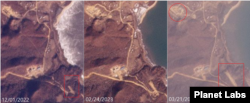 선박 접안시설에서 멀지 않은 곳에서 확인된 작년 12월 도로 건설 장면 (왼쪽 사각형 안). 지난 21일 촬영된 위성사진에서 도로의 길이가 200m로 늘어난 사실(오른쪽 사각형 안)이 확인된다. 도로가 직선 형태로 이어질 경우 북한이 건설 중인 터널(원 안)과 연결될 것으로 보인다. 사진=Planet Labs