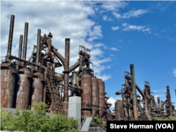 The Bethlehem Steel blast furnaces lie rusting and abandoned in Bethlehem, Pennsylvania, Aug. 12, 2024.