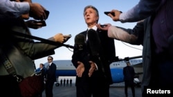 U.S. Secretary of State Antony Blinken speaks to members of the media before leaving Cairo, Egypt, Oct. 15, 2023, for Jordan.