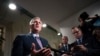 Speaker of the House Kevin McCarthy, talks to reporters after a closed-door meeting with House Republicans after Rep. Matt Gaetz filed a motion to oust McCarthy from his leadership role, at the Capitol in Washington, Oct. 3, 2023.