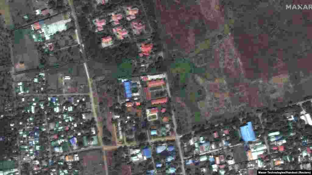 အင်အားပြင်ဆိုင်ကလုံး"မိုခါ" မဝင်ရောက်မီနဲ့ ဝင်ရောက်အပြီး ရခိုင်ပြည်နယ် စစ်တွေမြို့က အဆောက်အဦတချို့ကို ဝေဟင်မှတွေ့ရစဉ် (ဖေဖော်ဝါရီ ၁၇ >&nbsp;မေ ၁၅၊ ၂၀၂၃)