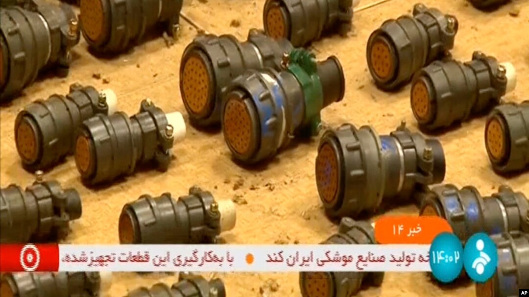 This frame grab from video footage released Aug. 31, 2023, by Iranian state television's IRINN network shows what officials described as faulty foreign parts that could be used in a missile or a drone.