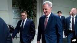FILE: Speaker of the House Kevin McCarthy, R-Calif., walks to his office after meeting with the House Republican conference at Capitol Hill, on Tues., May 30, 2023, in Washington. 