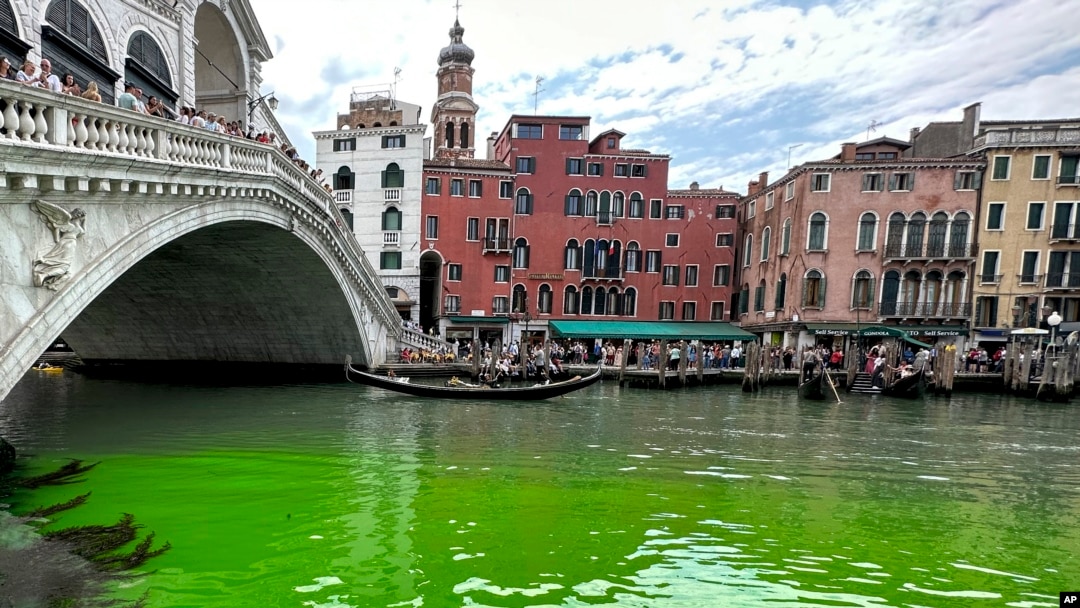Cairan berwarna hijau cerah tampak di Grand Canal, Venesia pada hari Minggu (28/5). 