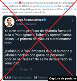 Captura de desinformación sobre candidato Álvarez Máynez de Movimiento Ciudadano en una cuenta de X.