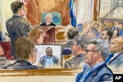 FILE - This sketch depicts Salah Al-Ejaili, foreground right, a former Al Jazeera journalist, in U.S. District Court in Alexandria, Va., April 16, 2024. Al-Ejaili, an Abu Ghraib detainee, described to jurors the abuses reminiscent of the scandal that erupted there 20 years ago.