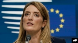 FILE - European Parliament President Roberta Metsola speaks during a media conference at an EU summit in Brussels, Dec. 14, 2023. 