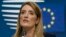 FILE - European Parliament President Roberta Metsola speaks during a media conference at an EU summit in Brussels, Dec. 14, 2023. 