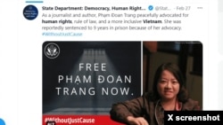 Cục Dân chủ, Nhân quyền và Lao động (DRL) thuộc Bộ Ngoại giao Mỹ kêu gọi Việt Nam trả tự do cho bà Phạm Đoan Trang.