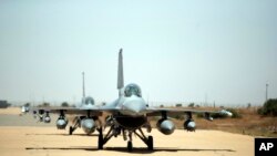 American F16 fighter jets land in an airbase for the African Lion military exercise, in Ben Guerir, Morocco, Monday, June 14, 2021.