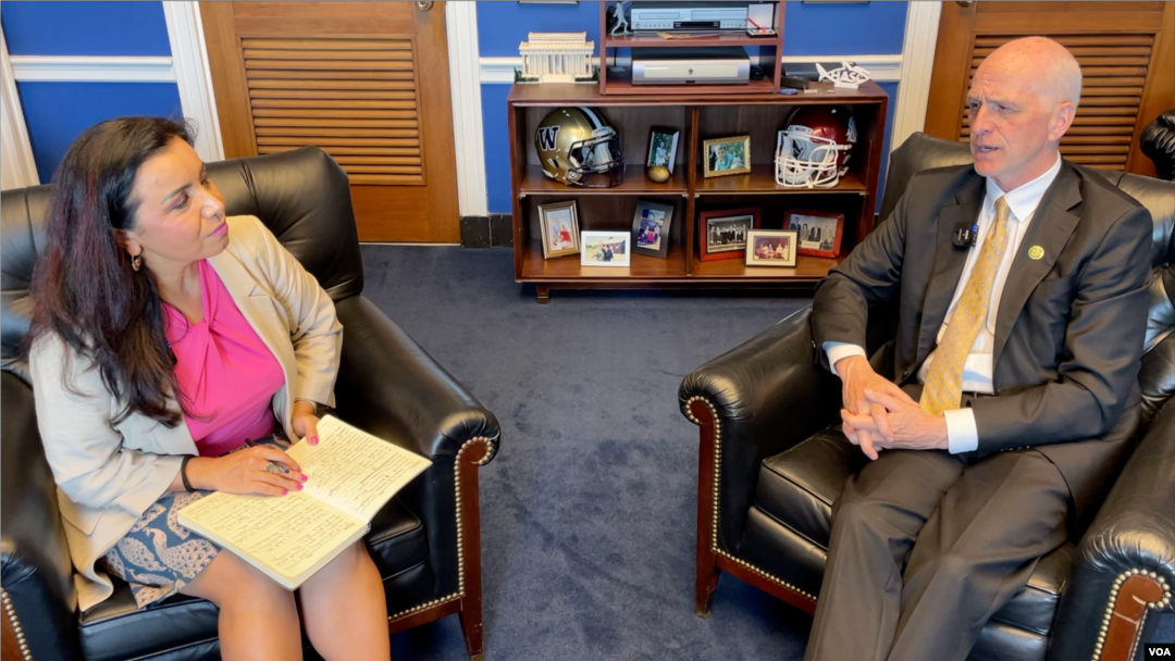 Congressman Adam Smith talking with VOA's Navbahor Imamova, Washington, May 1, 2024.