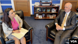 Congressman Adam Smith talking with VOA's Navbahor Imamova, Washington, May 1, 2024.