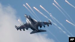 FILE - A Yak-130 performs during the MAKS-2017 International Aviation and Space Show in Zhukovsky, outside Moscow on July 21, 2017. 