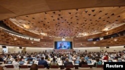 FILE - Director-General of the World Health Organisation Dr. Tedros Adhanom Ghebreyesus attends the World Health Assembly at the United Nations in Geneva, May 21, 2023. WHO officials said Monday that progress was being made in efforts to respond to sexual misconduct cases.