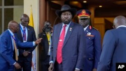 FILE: South Sudan's President Salva Kiir arrives at Juba's Presidential Palace, South Sudan, Feb. 3, 2023. President Kiir was not named in the UN report, though a number of officials were accused of misconduct.