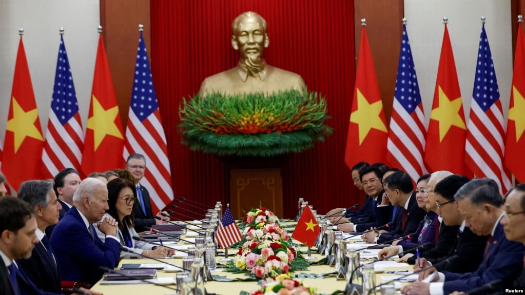 US President Joe Biden attends a meeting with Vietnam's Communist Party General Secretary Nguyen Phu Trong, at the Communist Party of Vietnam Headquarters in Hanoi, Sept. 10, 2023.