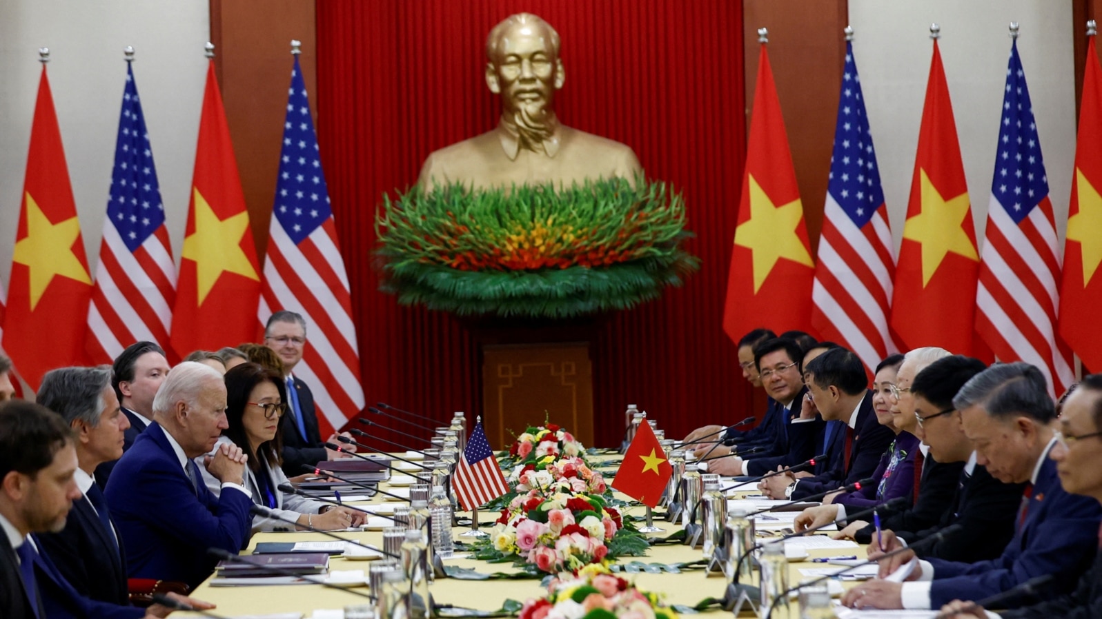 U.S. President Joe Biden attends a meeting with Vietnam's Communist Party General Secretary Nguyen Phu Trong, at the Communist Party of Vietnam Headquarters in Hanoi, Sept. 10, 2023.