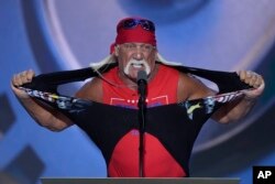 Hulk Hogan tears off his shirt while speaking on the final night of the Republican National Convention, July 18, 2024, in Milwaukee.