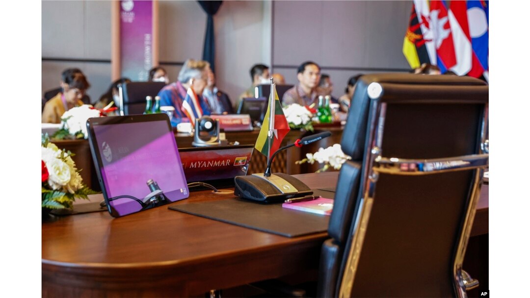 The desk reserved for a Myanmar delegate is left unoccupied during the Association of Southeast Asian Nations Foreign Ministers' meeting ahead of the 42nd ASEAN Summit in Labuan Bajo, East Nusa Tenggara, Indonesia, May 9, 2023.