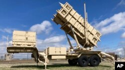 A Patriot missile mobile launcher is displayed outside the Fort Sill Army Post near Lawton, Oklahoma, on March 21, 2023.