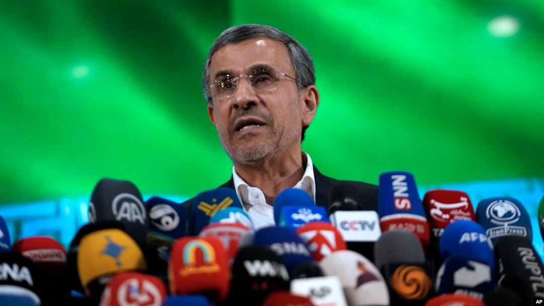 Iran's former President Mahmoud Ahmadinejad speaks in a press briefing after registering his name as a candidate for the June 28 presidential election at the Interior Ministry, in Tehran, Iran, June 2, 2024.