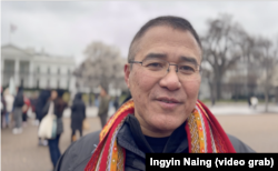 Peter Thawnghmung, President of the Chin Community of Indiana, speaking to VOA in front of White House, Feb. 25, 2023.