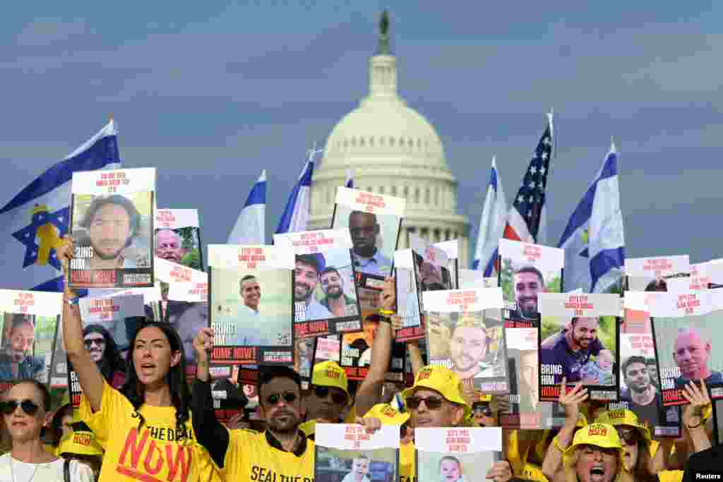 Families of Israeli hostages gather ahead of Israeli Prime Minister Benjamin Netanyahu's address to a joint meeting of Congress, at the National Mall in Washington, July 23, 2024. 