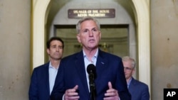 House Speaker Kevin McCarthy speaks during a news conference after he and President Joe Biden reached an "agreement in principle" to resolve the looming debt crisis on May 27, 2023, in Washington.