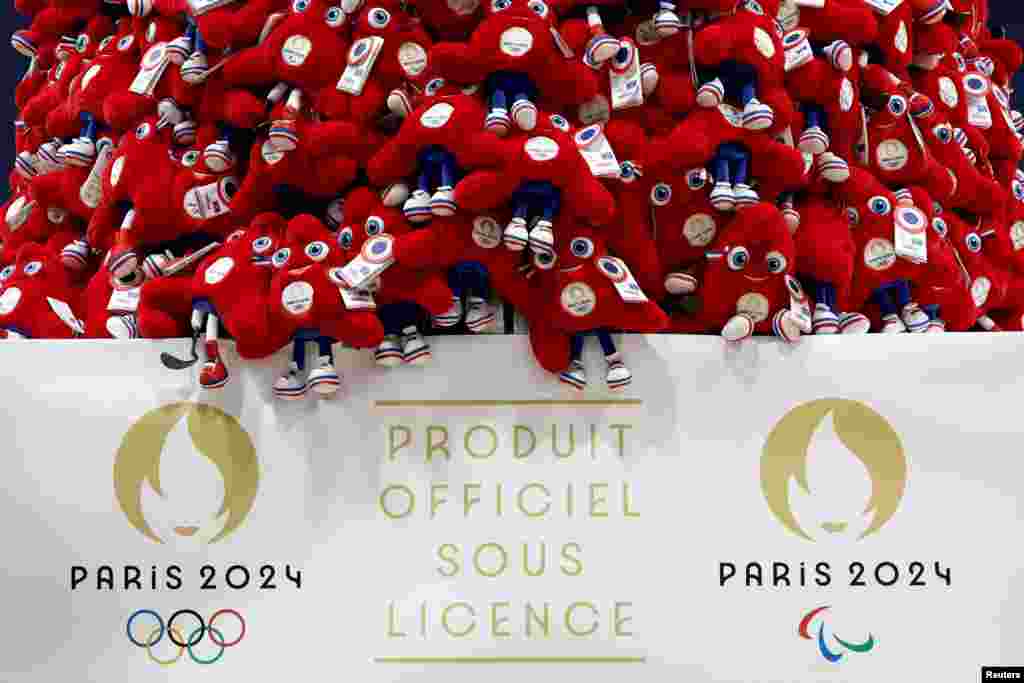 Official toy mascots, called the Phryges, of Paris 2024 Olympic and Paralympic Games, manufactured by Doudou et Compagnie are displayed in Villepinte, near Paris, France.