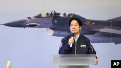 Taiwan President Lai Ching-te delivers a speech during his visit to inspect Taiwanese air force in Hualien County, Eastern Taiwan, May 28, 2024.