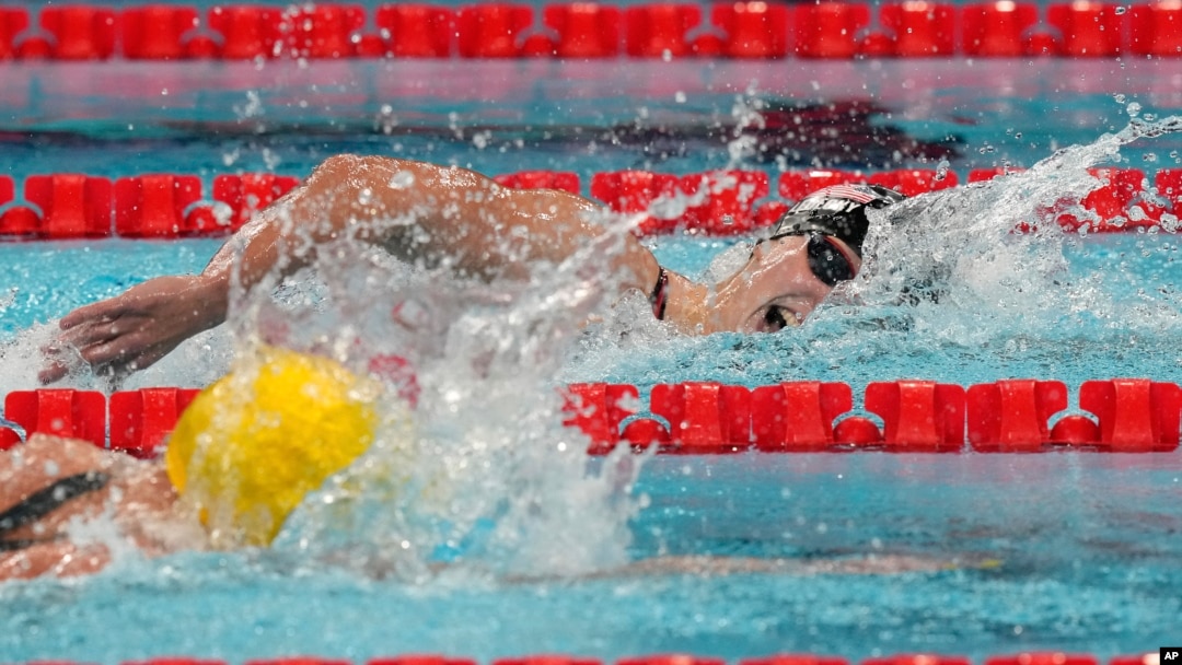 U.S. swimmer Katie Ledecky powers her way toward another gold medal in the women's 800-meter freestyle final at the Summer Olympics in Nanterre, France, Aug. 3, 2024.