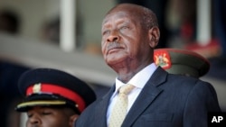 FILE - Uganda's President Yoweri Museveni in Nairobi, Kenya, Feb. 11, 2020. Museveni says protesters pressing ahead with a banned anti-corruption march include "elements working for foreign interests" without elaborating. 