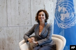 Direktur Jenderal UNESCO Audrey Azoulay di Markas Besar UNESCO di Paris, Prancis, Selasa 2 April 2024. (Benoit Tessier/Pool Photo via AP)