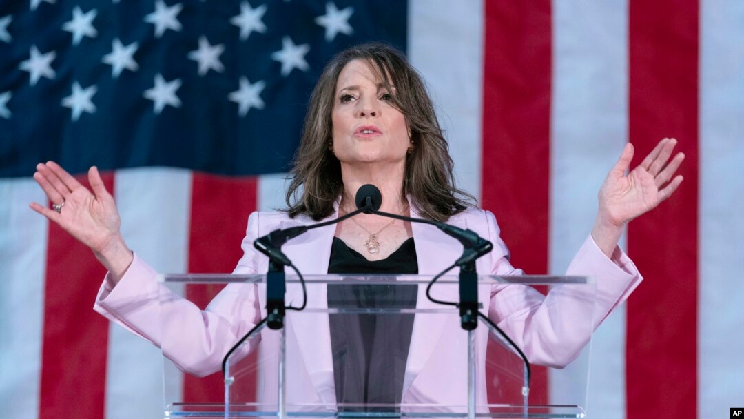 Self-help author Marianne Williamson speaks to the crowd as she launches her 2024 presidential campaign in Washington, March 4, 2023. 
