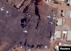 Satellite image shows a view of destroyed airplanes at Khartoum International Airport in Khartoum, Sudan April 17, 2023, in this handout image. (Courtesy of Maxar Technologies/Handout via Reuters)