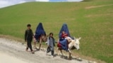 افغانستان کے صوبےبدخشاں کے ایک گاؤں کے قریب ایک سڑک پر برقع پوش افغان خواتین اپنے بچوں کےساتھ گدھوں پر سوار ہیں، فوٹو اے ایف پی ، یکم مئی 2024