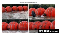 Imágenes provistas por el Departamento de Seguridad Pública de Texas de las boyas que se usarán para barrera flotante en el Río Grande. En las fotos se ve una demostración de un intento de cruzarlas.