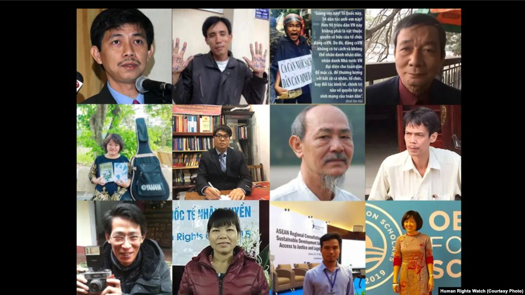 Các nhà hoạt động, blogger đang bị giam giữ (từ trên, trái sang phải): Trần Huỳnh Duy Thức, Hoàng Đức Bình, Đinh Văn Hải, Nguyễn Tường Thụy, Phạm Đoan Trang, Lê Trọng Hưng, Phạm Chí Thanh, Phạm Chí Dũng, Nguyễn Lân Thắng, Cấn Thị Thêu, Đặng Đình Bách, Hoàng Thị Minh Hồng.