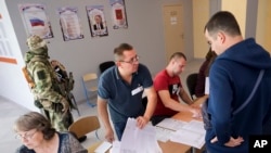 Un centro de votación en la región ucraniana de Donetsk, ocupada por Rusia, el 10 de septiembre de 2023.