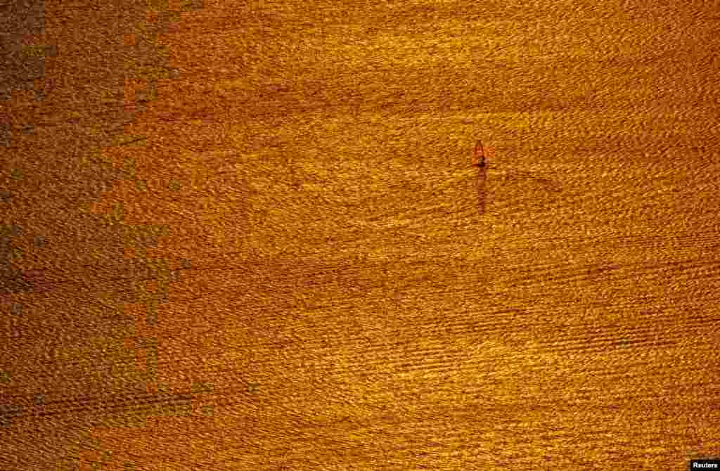 A person windsurfs on Lake Leman during the sunset in Cully, Switzerland, Aug. 19, 2024. 