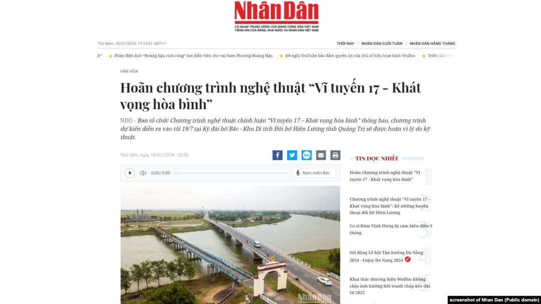 Tin trên báo Nhân Dân về việc hoãn chương trình nghệ thuật chính luận lớn ở Quảng Trị, 18/7/2024.