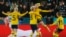 Sweden's Elin Rubensson, top, celebrates with teammates after scoring her side's second goal from the penalty spot during the Women's World Cup Group G soccer match between Argentina and Sweden in Hamilton, New Zealand, Aug. 2, 2023. 