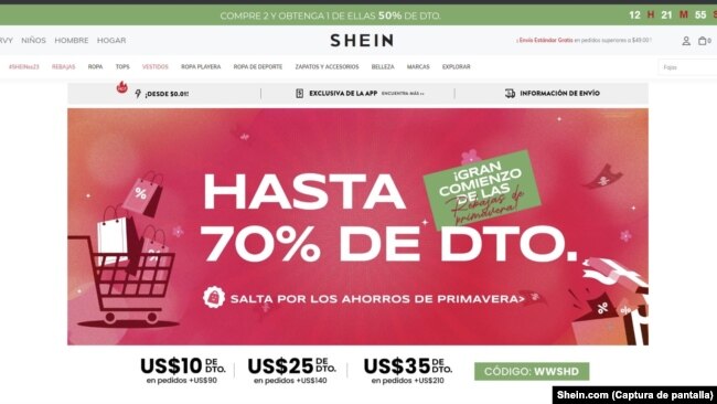 Descuentos y precios bajos son los principales reclamos de Shein, que muestra ofertas especiales en su sitio web, el 14 de marzo de 2023.